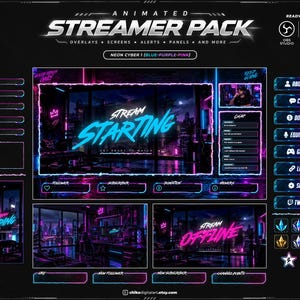 Puede incluir: Un paquete de streamer animado con temática ciber neón en colores azul, morado y rosa. Incluye superposiciones, pantallas, alertas y paneles con texto como Stream Starting, Stream Ending, Stream Offline, About Me, Chat, Donate, Equipment y Games.