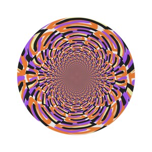 May include: A circular design with a repeating pattern of orange, purple, black, and white lines. The lines create a swirling effect that appears to be moving inwards.