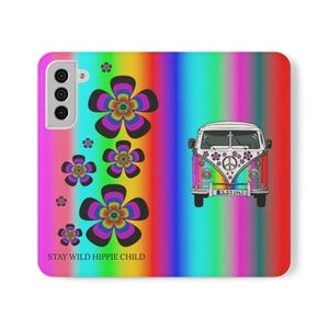Funda para teléfono estilo billetera con tapa Hippie Van Stay Wild