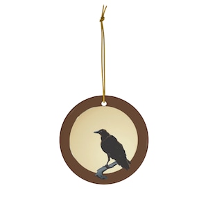 Vintage Halloween Raven and Moon design Ceramic Ornament, Round