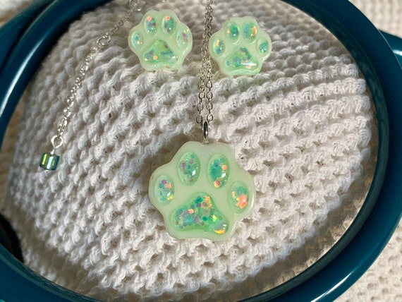 Handmade Paw Print Earrings and Necklace Set With Chunky Glitter
