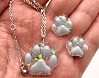 Handmade Epoxy Resin Paw Print Stud Earrings and Necklace Set with Chunky Glitter For Vet Tech Veterinarian Gifts For Her Unique Style