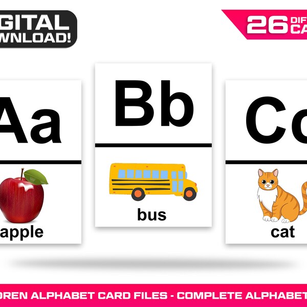 Kids Alphabet Learning Flash Cards - 26 Different PNG Image Files - Children Education Alphabet