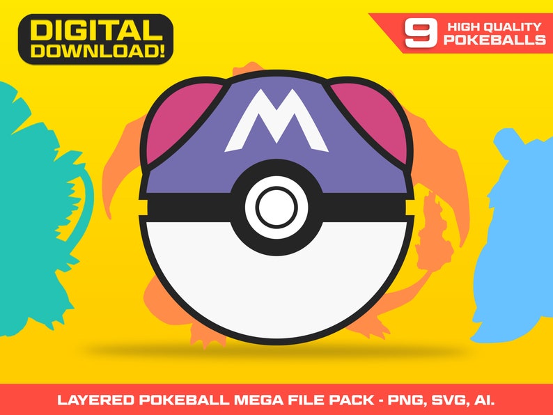 Pokemon Pokeball SVG PNG File Set - Pokeball - Pokemon - Pokemon Birthday - Pokemon PNG - Pokemon Cake Topper - Pokemon Cupcake Topper - Pokemon Decoration -Ultra Ball SVG File - Great Ball SVG - Layered Pokeball Cut File - Master Ball SVG