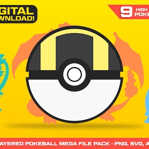 Pokemon Pokeball SVG PNG File Set - Pokeball - Pokemon - Pokemon Birthday - Pokemon PNG - Pokemon Cake Topper - Pokemon Cupcake Topper - Pokemon Decoration -Ultra Ball SVG File - Great Ball SVG - Layered Pokeball Cut File - Master Ball SVG