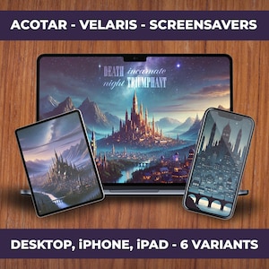 May include: A set of six digital screensavers featuring a fantasy city skyline at night. The screensavers are available in desktop, iPhone, and iPad formats. The text "DEATH incarnate night TRIUMPHANT" is visible in the image.
