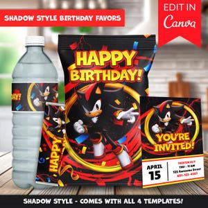 以下が含まれることがあります： 黒と赤のキャラクターデザインが特徴の誕生日パーティーの記念品セット。セットには、ウォーターボトル、スナックバッグ、招待状が含まれています。「Happy Birthday」と「You're Invited」の文字が見えます。
