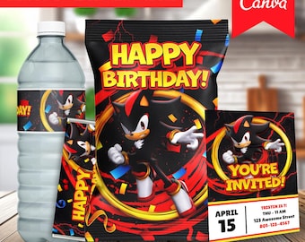 Sonic & Shadow Party Pack: Chip Bag, Water Bottle, Invitation (Canva Digital Templates)