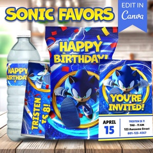 Szablon upominku na przyjęcie urodzinowe Sonic - Canva - torebka z chipsami, butelka na wodę, batonik - przyjęcie Sonic, urodziny Sonic, upominek na przyjęcie Sonic, chipsy Sonic