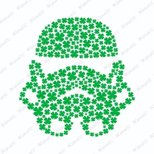 May include: A green shamrock design made up of many individual shamrocks. The shamrocks are arranged in the shape of a leprechaun's hat and beard.