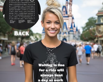 Camiseta interactiva de Disneyland/Disney World: divertido juego de búsqueda de palabras: espera en la fila, atracciones de Disney, camiseta unisex con búsqueda de palabras