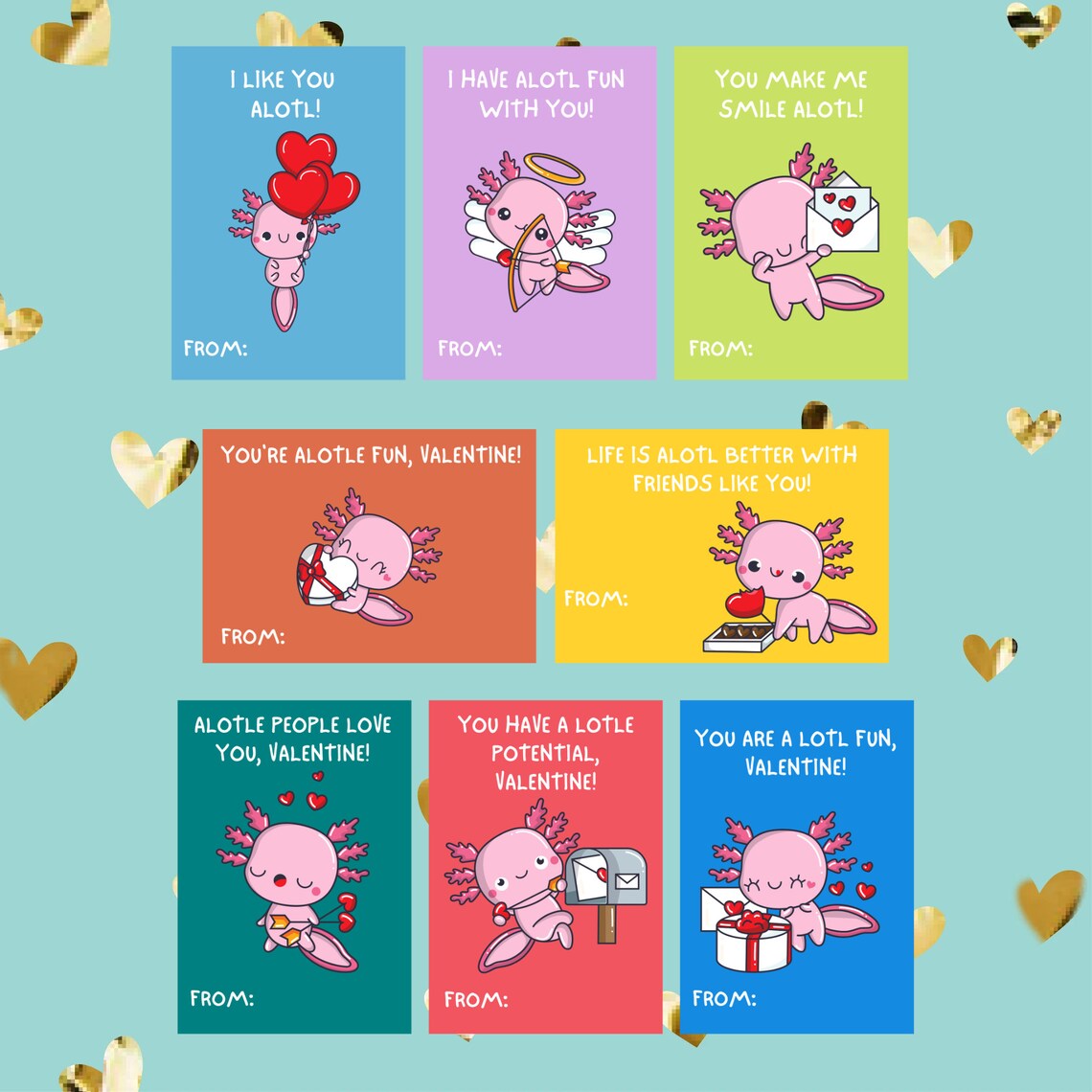 Printable Axolotl Valentine's Day Cards Classroom Valentine's Kids ...