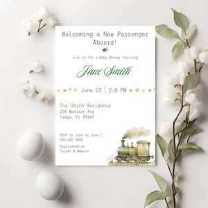 Dar la bienvenida a un nuevo pasajero a bordo, invitación al baby shower del tren, baby shower verde, personalizable, invitación digital