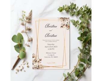 Tan White Floral Wedding Invitation, Gold Theme, Floral Wedding Invite, Customizable, Digital Invitation