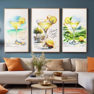 Lemon Drop Martini Wall Art, Set of 3 Digital Download Cocktail Print, Minimalist Alcohol Poster, Martini Painting, Trendy Kitchen  Gift