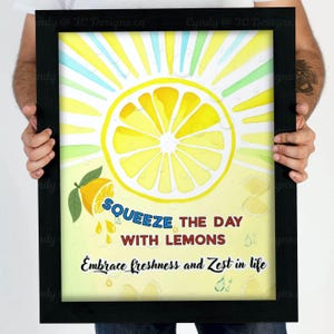 Watercolor Lemon Printable Wall Art, Citrus Kitchen Decor, Motivational Art Print, Lemon Illustration with Special Effect, 'Live Zestfully'