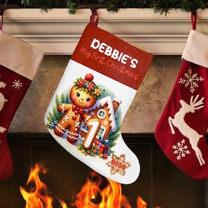 Custom Baby&#39;s First Christmas, Gingerbread Girl Stocking, Personalized Holiday Stocking
