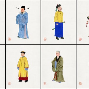 24 Printable Vintage Bundle, Vintage Chinese Qing Dynasty Costumes Illustrations, Digital Download, Wall Decor Bundle, Printable Fashion Art