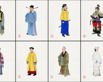 Pacote Vintage 24 para Imprimir, Ilustrações de Trajes Vintage Chineses da Dinastia Qing, Download Digital, Pacote de Decoração de Parede, Arte de Moda para Imprimir