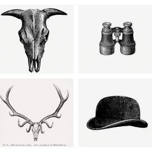 May include: A collection of vintage illustrations featuring various objects, including a pocket watch, a bell, a bull skull, binoculars, a bottle, a deer skull, a hat, a boot, and a crown.