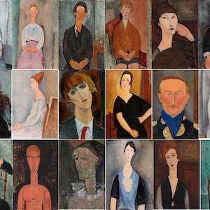 May include: A collage of 16 paintings featuring portraits of people. The paintings are in a variety of styles, including cubist, expressionist, and surrealist. The people in the paintings are all dressed in clothing from the early 20th century.