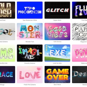 May include: A collection of 24 colorful text effects, each with a unique style and name. The effects include "Fresh", "Gold Rush", "Typo Modernism", "Glitch", "Fluid Neon", "Grunge", "Handmade", "Cool", "Monster Font", "Good Vibes", "Paper Cut", "Far Out", "Soap", "Lime", "Imagine", "Exe", "Pink", "Stitch", "Sweet", "Mirage", "Love", "Game Over", "Design", and "Fuzzy".