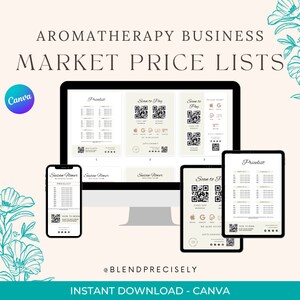 May include: A digital mockup of a computer screen, tablet, and smartphone displaying a printable aromatherapy business price list template. The template features a minimalist design with a light green background and a scan to pay QR code. The text "Scan to Pay" and "Pricelist" are visible on the template.