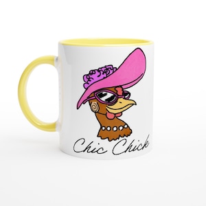 Chic Chick 11oz Ceramic Chicken Mug, stylish chicken mug, funny cartoon chicken, chicken with hat, animals with glasses, cartoon animals