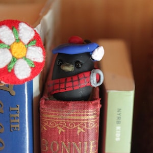 May include: A red and white floral magnet and a black penguin figurine wearing a blue hat and red plaid scarf. The penguin is perched on a red book with gold lettering. The items are displayed among books.