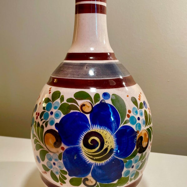 Vintage Mexico Pottery Vase Hand Painted Signed Tonala Clay Ceramic 13”