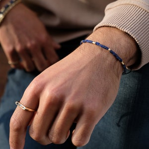 Lapis Lazuli Natural Stone with 14 K Gold Cubes and Cylinder Bracelets Adjustable Size