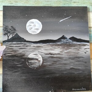 Peinture acrylique "Nuit lune et lac" (peinture acrylique professionnelle)