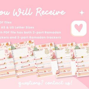 May include: Three printable Ramadan tracker PDFs in A4, A5, and US Letter sizes. Each PDF includes both 2-part and 3-part trackers, featuring a cute cartoon illustration of a woman in a headscarf.