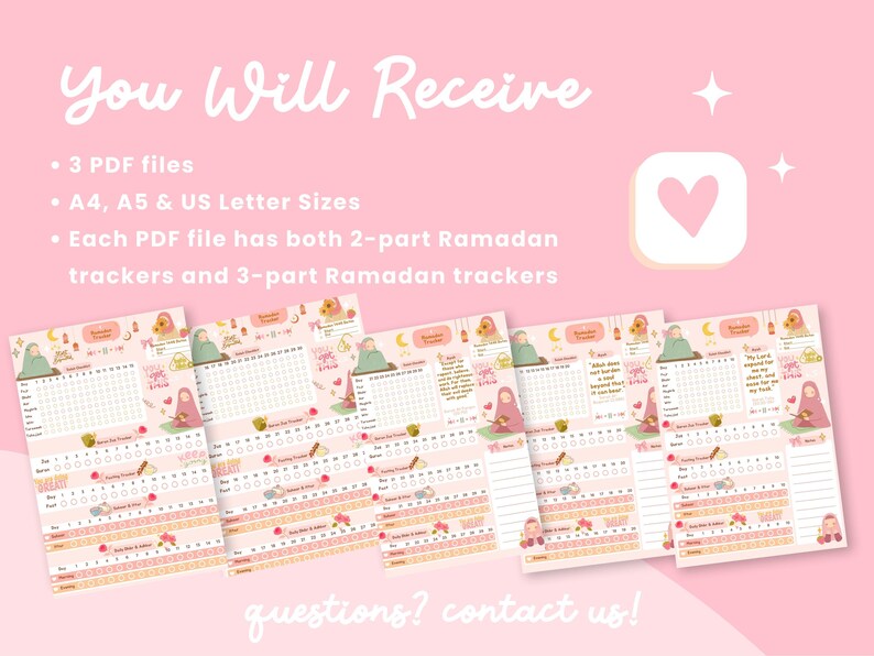 May include: Three printable Ramadan tracker PDFs in A4, A5, and US Letter sizes. Each PDF includes both 2-part and 3-part trackers, featuring a cute cartoon illustration of a woman in a headscarf.