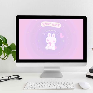 Puede incluir: Un fondo de escritorio de computadora rosa y blanco con un conejito de dibujos animados, estrellas y el texto "Bismillah keep going".