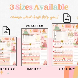 May include: Three printable Ramadan tracker designs in different sizes: 5.82 inches by 8.26 inches, 8.5 inches by 11 inches, and 8.4 inches by 11.7 inches. Each design features a pink and white color scheme with a cute illustration of a woman in a headscarf. The text "Ramadan Tracker" is at the top of each design.