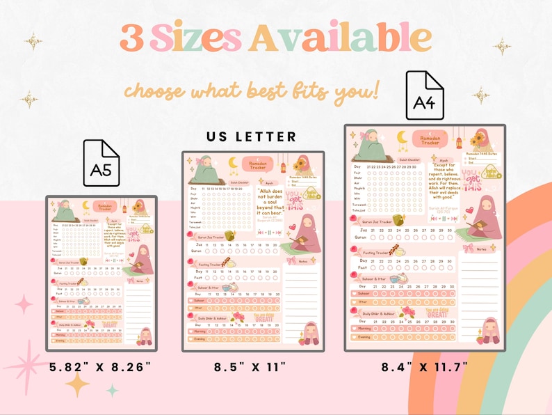 May include: Three printable Ramadan tracker designs in different sizes: 5.82 inches by 8.26 inches, 8.5 inches by 11 inches, and 8.4 inches by 11.7 inches. Each design features a pink and white color scheme with a cute illustration of a woman in a headscarf. The text "Ramadan Tracker" is at the top of each design.