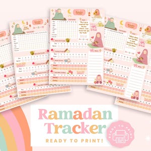 May include: Printable Ramadan tracker with a pink and peach color scheme. The tracker includes sections for daily prayers, fasting, and other activities. The tracker features a cute cartoon illustration of a woman in a headscarf.