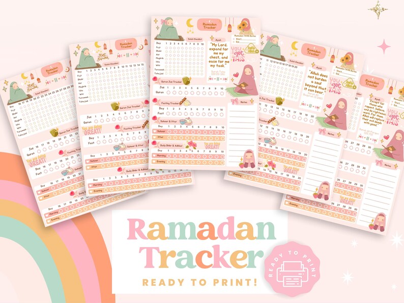 May include: Printable Ramadan tracker with a pink and peach color scheme. The tracker includes sections for daily prayers, fasting, and other activities. The tracker features a cute cartoon illustration of a woman in a headscarf.