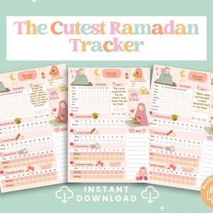 May include: Printable Ramadan tracker with a pink background and cute illustrations. The tracker includes sections for daily prayer, fasting, Quran reading, and daily deeds. The text "My Lord expand my chest for me and ease for me my task" and "Allah does not burden a soul beyond that it can bear" are included.
