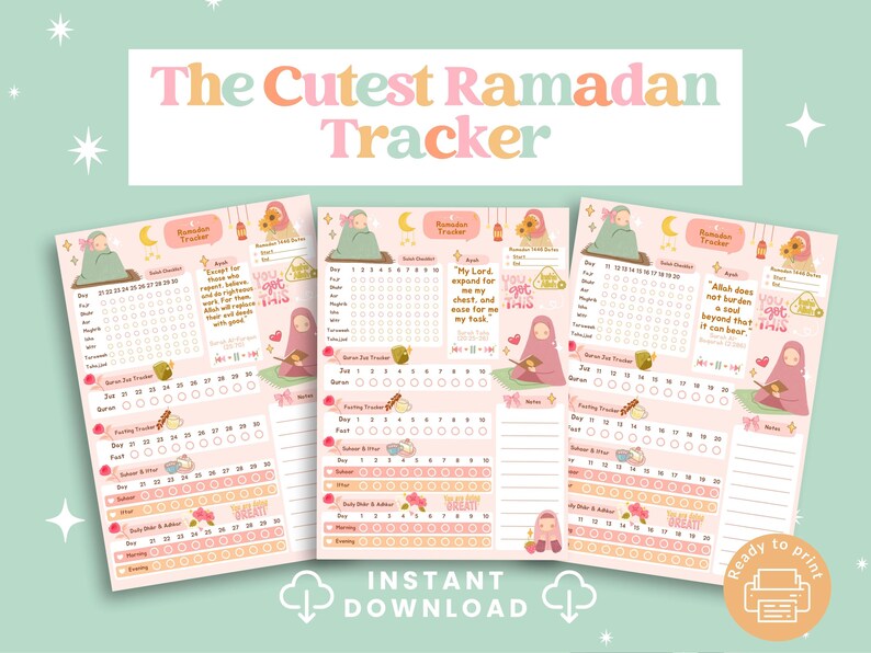 May include: Printable Ramadan tracker with a pink background and cute illustrations. The tracker includes sections for daily prayer, fasting, Quran reading, and daily deeds. The text "My Lord expand my chest for me and ease for me my task" and "Allah does not burden a soul beyond that it can bear" are included.