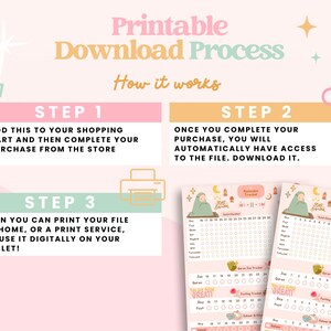 May include: A pink and green printable download process infographic with three steps. Step 1: Add to cart. Step 2: Complete purchase. Step 3: Print or use digitally. The infographic includes a shopping cart icon, a printer icon, and a cloud download icon. The infographic also includes a sample of the printable product, which is a Ramadan tracker.