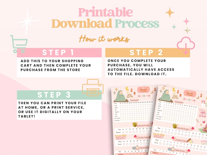 May include: A pink and green printable download process infographic with three steps. Step 1: Add to cart. Step 2: Complete purchase. Step 3: Print or use digitally. The infographic includes a shopping cart icon, a printer icon, and a cloud download icon. The infographic also includes a sample of the printable product, which is a Ramadan tracker.