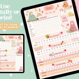 May include: A pink and white digital planner with a Ramadan tracker. The planner includes a daily checklist, Quran juz tracker, fasting tracker, suhur and iftar tracker, daily dhikr and adkhar tracker, and a space for notes. The planner is decorated with illustrations of flowers, lanterns, and a woman in a hijab.