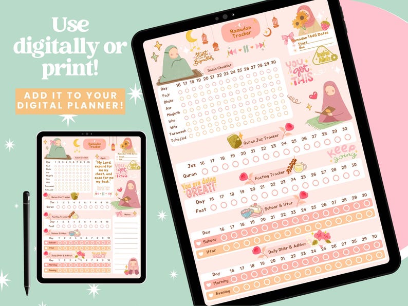 May include: A pink and white digital planner with a Ramadan tracker. The planner includes a daily checklist, Quran juz tracker, fasting tracker, suhur and iftar tracker, daily dhikr and adkhar tracker, and a space for notes. The planner is decorated with illustrations of flowers, lanterns, and a woman in a hijab.