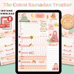 May include: A printable digital Ramadan tracker with a pink and white color scheme. The tracker includes sections for daily prayer, Quran reading, fasting, and daily duas. The tracker features cute illustrations of women in hijabs and other Islamic symbols.