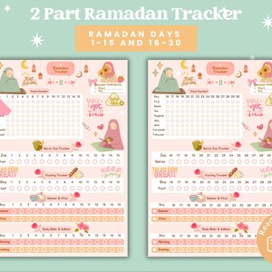 May include: Printable Ramadan tracker with pink and peach colors. The tracker is divided into two sections, days 1-15 and days 16-30. Each section includes a daily checklist, a fasting tracker, a daily dhikr & adhkar tracker, and a space for notes. The tracker also includes motivational quotes like "You got this!" and "Keep going!"