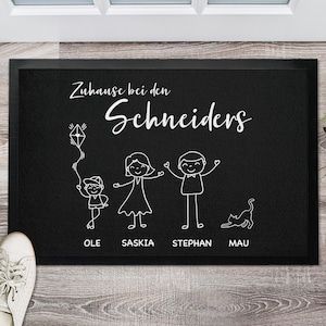 Personalisierte Fußmatte Familie Strichmännchen | Türmatte mit Familienname und Namen | Geschenk Einzug Hochzeit | Familienmatte individuell