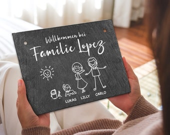 Türschild Familie personalisiert | Namensschild Schiefer mit Kordel | Türschmuck Schieferstafel Hausschild Familienname, Vornamen, Geschenk