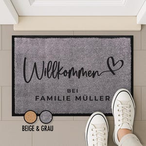 Fußmatte Willkommen Personalisiert mit Name | Schmutzfangmatte personalisiert | Geschenkidee Einzug Umzug Einweihungsparty Türmatte grau